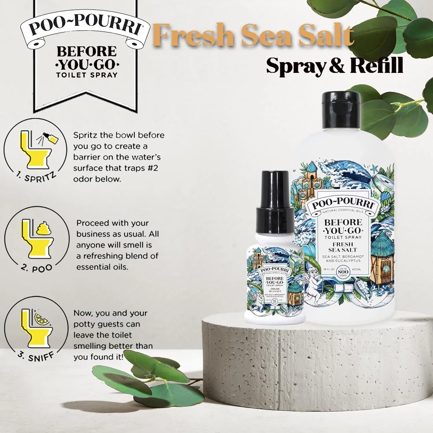 Poo-Pourri Before-You-Go Toilet Spray, Fresh Sea Salt, Refill Bottle 16 Fl Oz and 1.4 Fl Oz Spray- Sea Salt Bergamot Eucalyptus