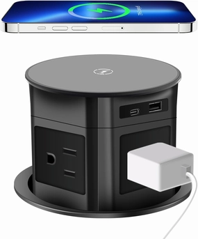 Pop Up Outlet 15W Wireless Charger, 4 AC Outlets 1875W USB A/C 20W Super Charging 6.5FT 16AWG Cable 3.86 inch Desk Hole Pop Up Power Outlet for Kitchen Countertop,Office Conference Table (Black)