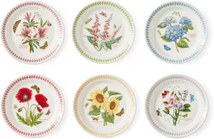 Portmerion Botanic Garden Meadow - 8" Round Salad Plate (Set of 6) | Assorted Florals with Colorful Laurel Leaf Border| Earthenware | Microwave & Dishwasher Safe | Home & Restaurant for Daily Use