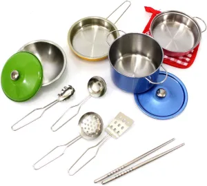 PowerTRC Colorful Metal Pots and Pans Cookware with Utensils Playset for Kids