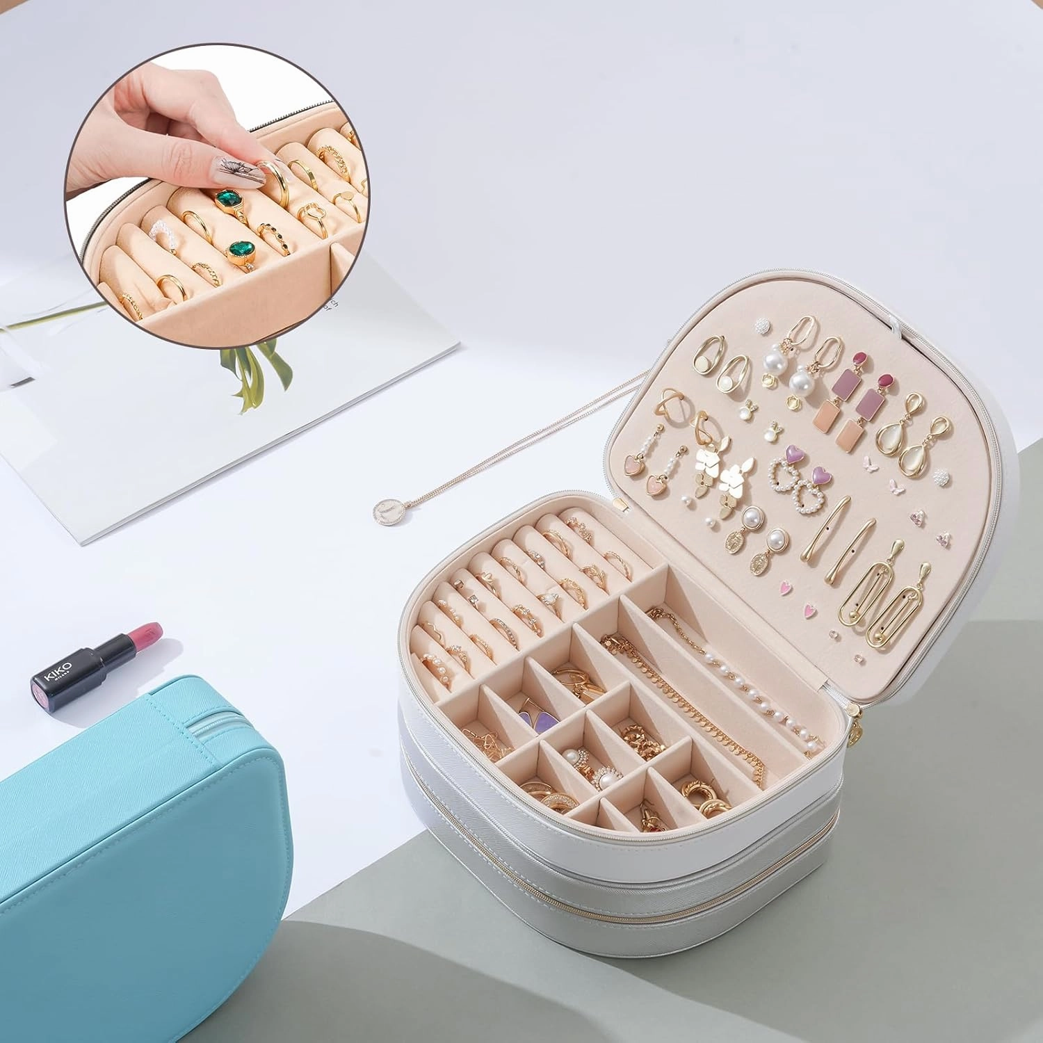 ProCase Travel Size Jewelry Box, Large Portable Seashell-Shaped Jewelry Case, 2 Layer Jewelry Organizer in PU Leather for Women -White