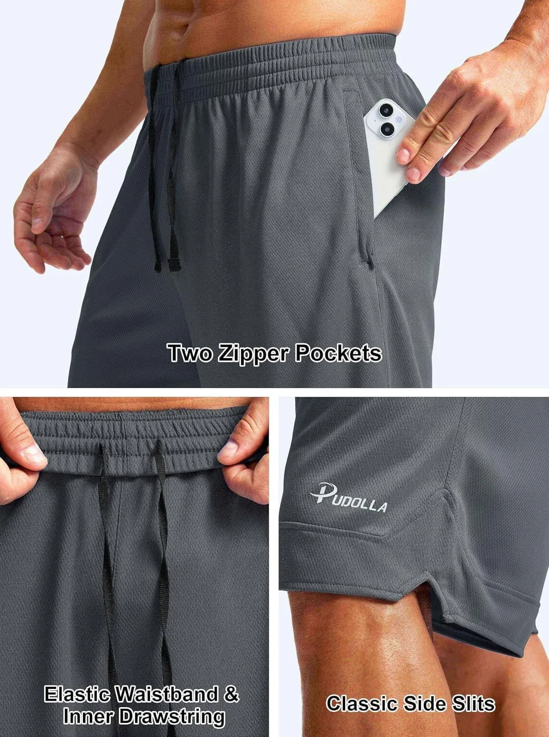 Pudolla Men's Basketball Shorts with Zipper Pockets 11" Long Gym Athletic Shorts for Men Lightweight Quick Dry