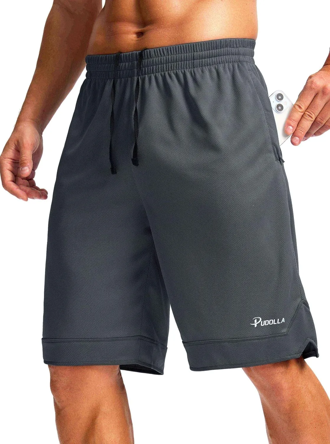 Pudolla Men's Basketball Shorts with Zipper Pockets 11" Long Gym Athletic Shorts for Men Lightweight Quick Dry