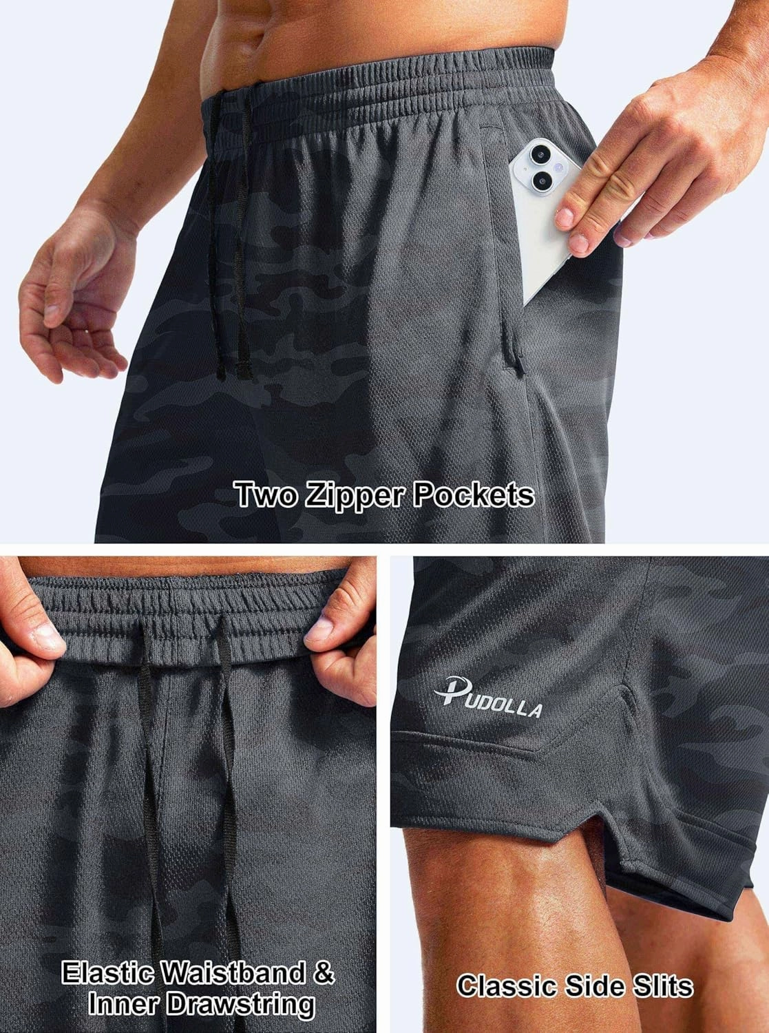 Pudolla Men's Basketball Shorts with Zipper Pockets 11" Long Gym Athletic Shorts for Men Lightweight Quick Dry