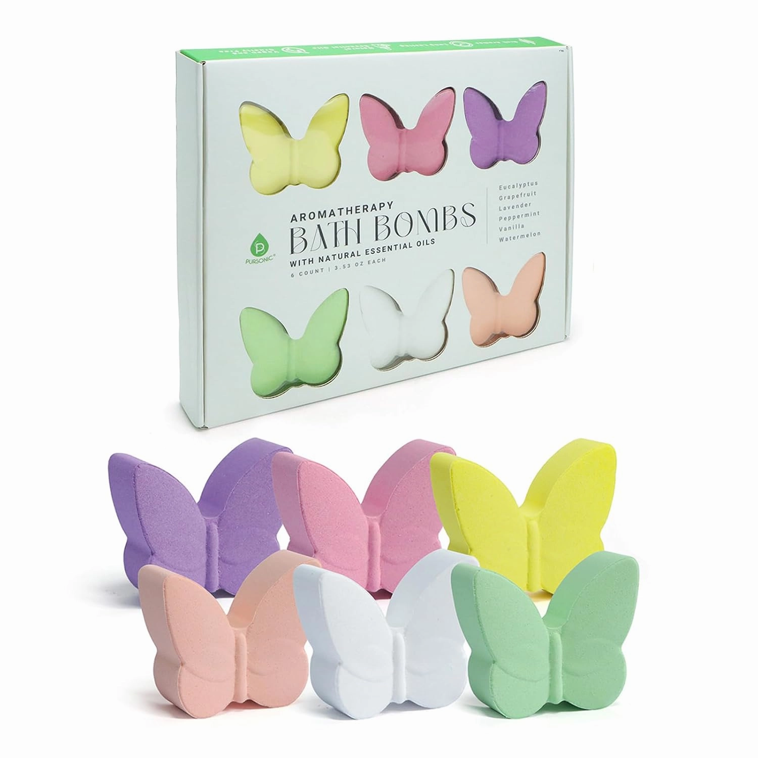 Pursonic Aromapathy Bath Bombs Gift Set - 6 Pcs Essential Oils Bath Bombs for Women - Spa Fizzies Christmas Gifts for Women (Eucalyptus, Lavender, Peppermint, Watermelon, Vanilla, Grapefruit)