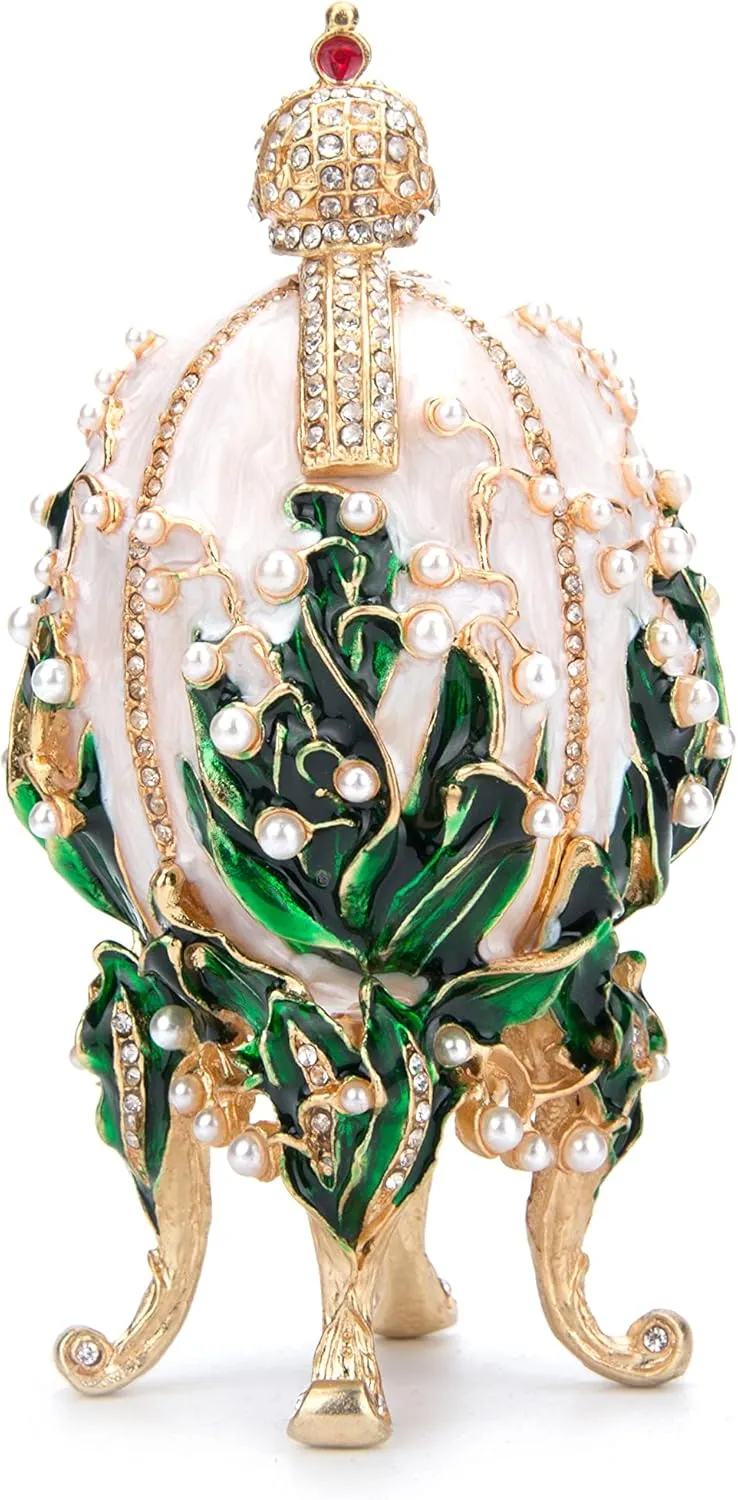QIFU Vintage Lily of The Valley Style Easter Egg Enameled Collectible Figurine Pearl and Rhinestone, Unique Gift for Family