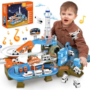 Race Tracks for Kids Ages 3-5, SMILESSKIDDO 73 PCS Space Car Tracks Toys Gifts for Boys Kids with Music and Engineering Scene Simulation, Construction Car Toddler Boy Toys Gift for Ages 3 