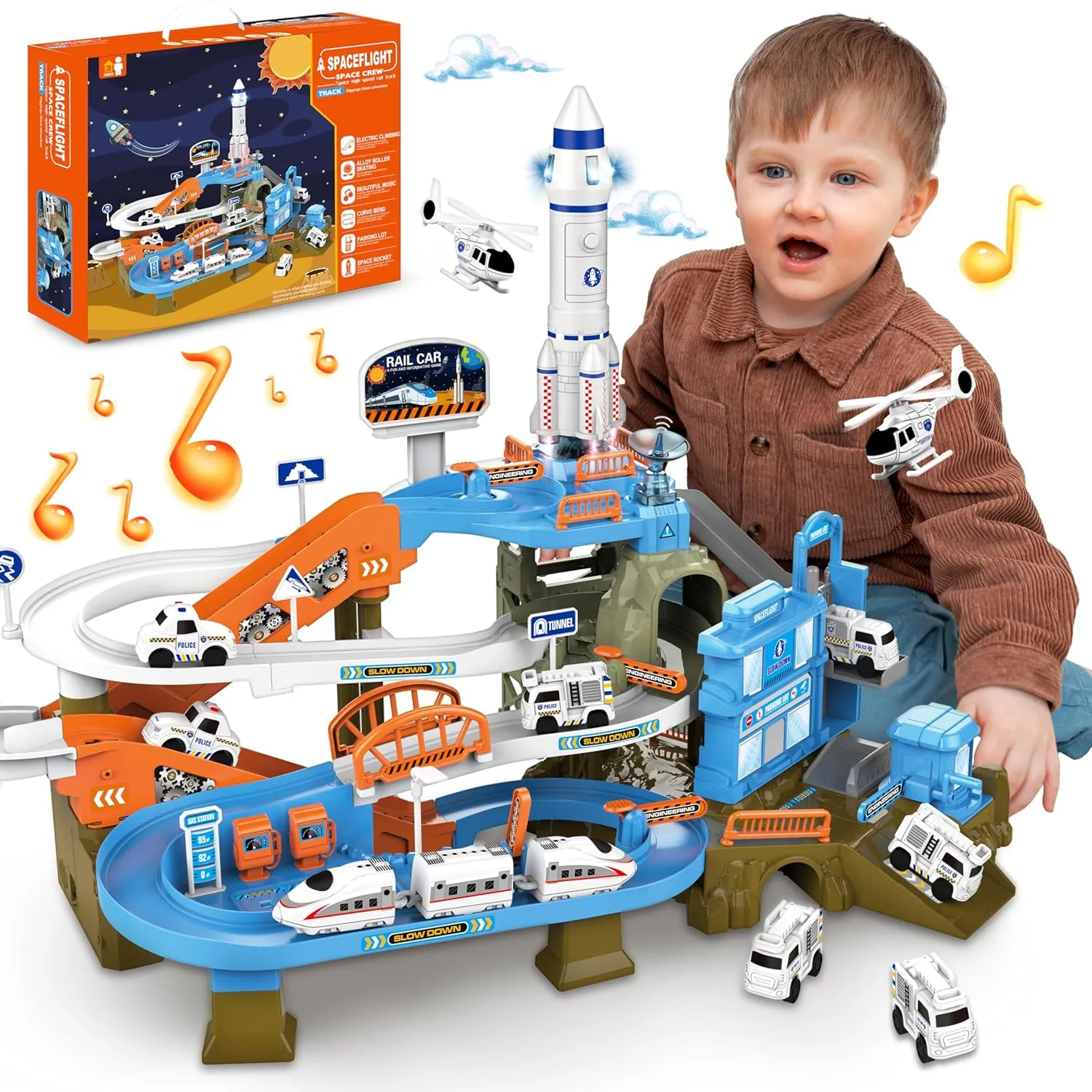 Race Tracks for Kids Ages 3-5, SMILESSKIDDO 73 PCS Space Car Tracks Toys Gifts for Boys Kids with Music and Engineering Scene Simulation, Construction Car Toddler Boy Toys Gift for Ages 3 