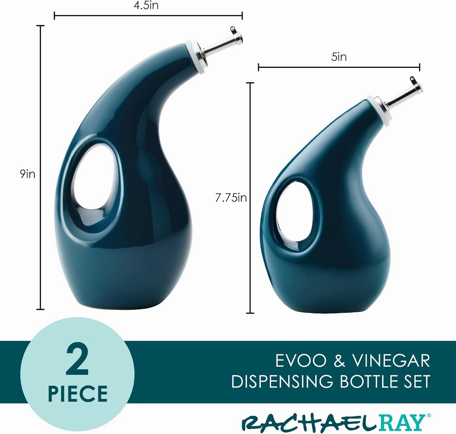 Rachael Ray Serveware Ceramic EVOO Oil and Vinegar Dispensing Bottle Set, 2 Piece, Teal
