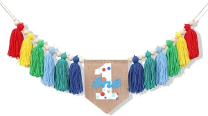 Rainbow 1st High chair Banner - Colorful Tassel Highchair Banner,1st Birthday Boyr,Cake Smash Backdrop Banner,Birthday Highchair Yarn Tassel Banner,Colorful Tassel Banner With Wooden Beads
