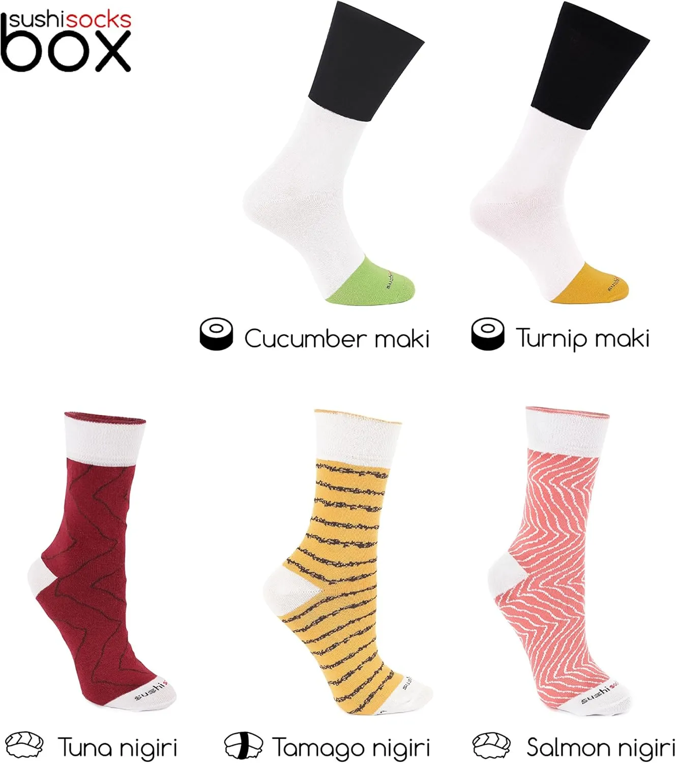 Rainbow Socks - Men's Women's - Sushi Socks Box Salmon Tamago Tuna Maki - 5 Pairs