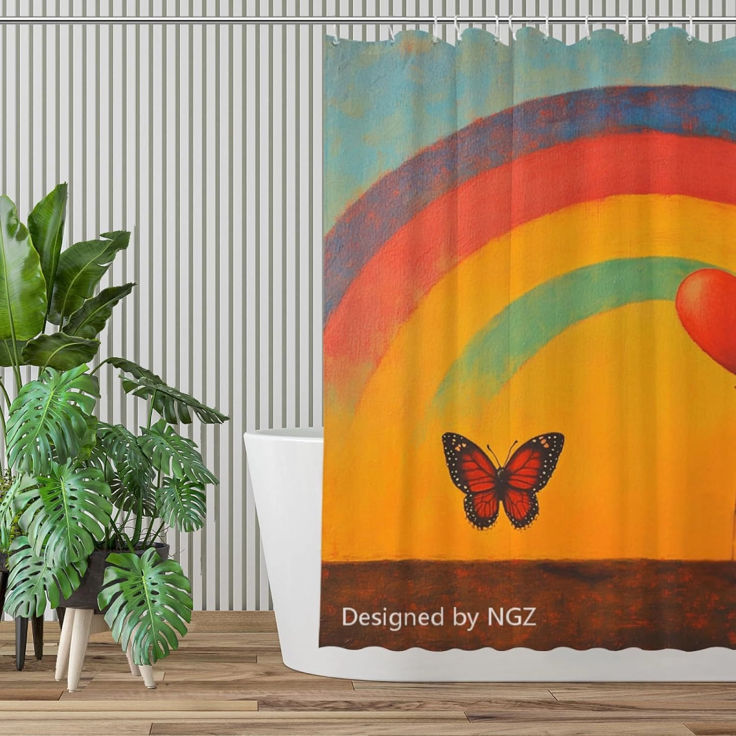 Rainbow Shower Curtain, Cute Butterfly with Heart-Shaped Balloon Shower Curtain Set with 12 Hooks, 72 x 72 Inches Shower Curtain for Valentine Home Bath Decor