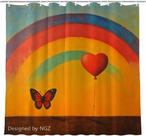 Rainbow Shower Curtain, Cute Butterfly with Heart-Shaped Balloon Shower Curtain Set with 12 Hooks, 72 x 72 Inches Shower Curtain for Valentine Home Bath Decor