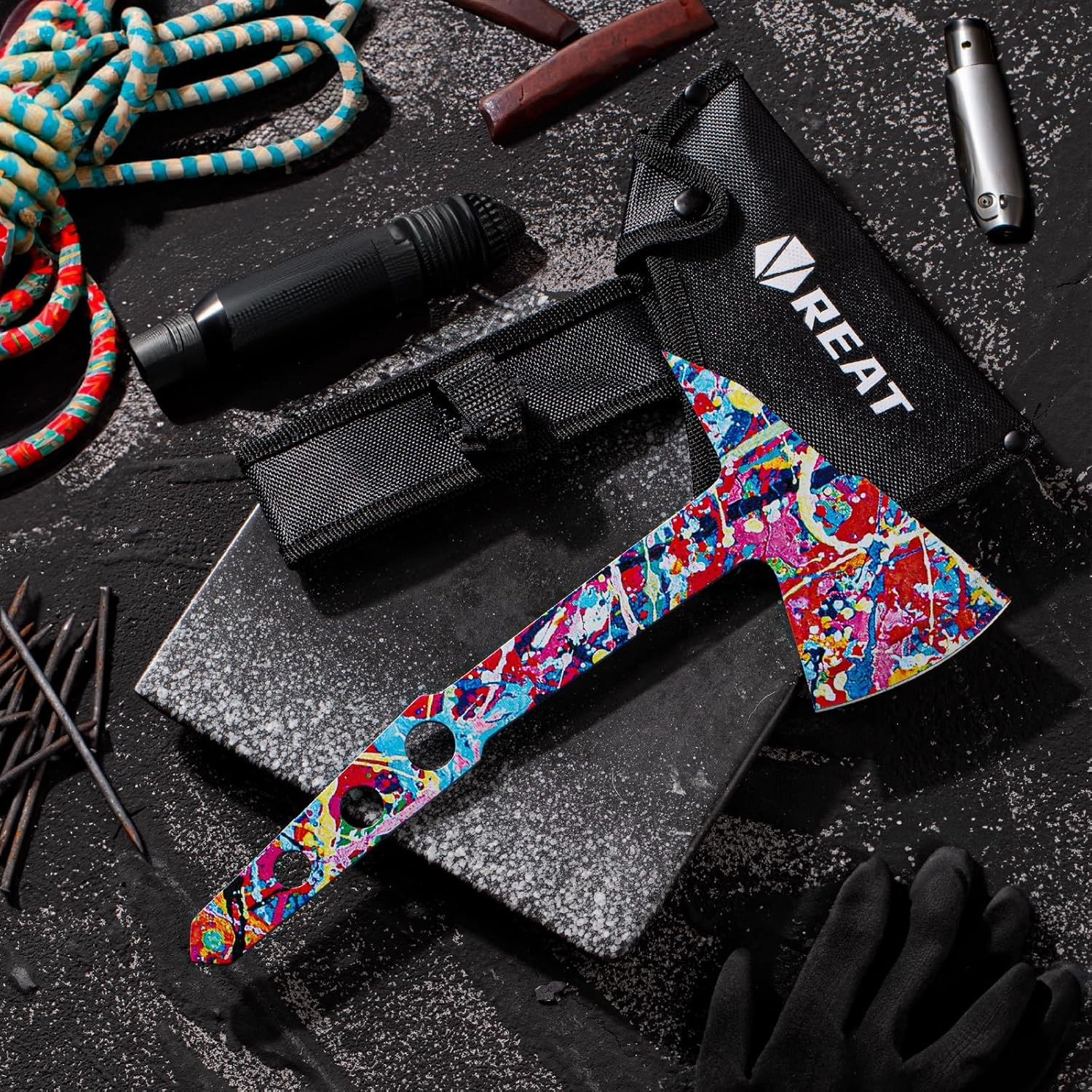 REAT Throwing Axe 3 Pack with Sheath, 10.5" Full Tang Desgin with Colorful Coating for Back Yard Throwing Game, Recreation and Competition