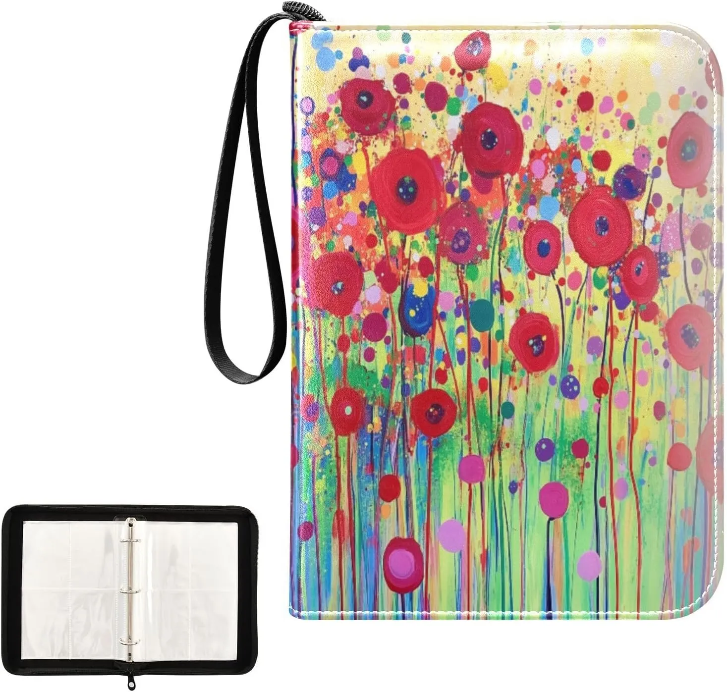 Red Flowers Colorful Dots Card Binder 4 Pocket, Trading Card Holder Fits 400 Game Cards with 50 Removable Sleeves, MTG Card Case Standard Size