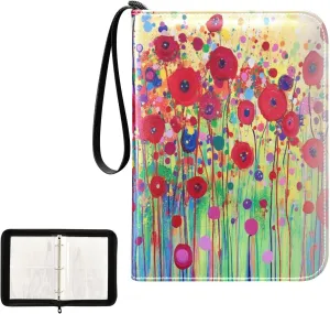Red Flowers Colorful Dots Card Binder 4 Pocket, Trading Card Holder Fits 400 Game Cards with 50 Removable Sleeves, MTG Card Case Standard Size