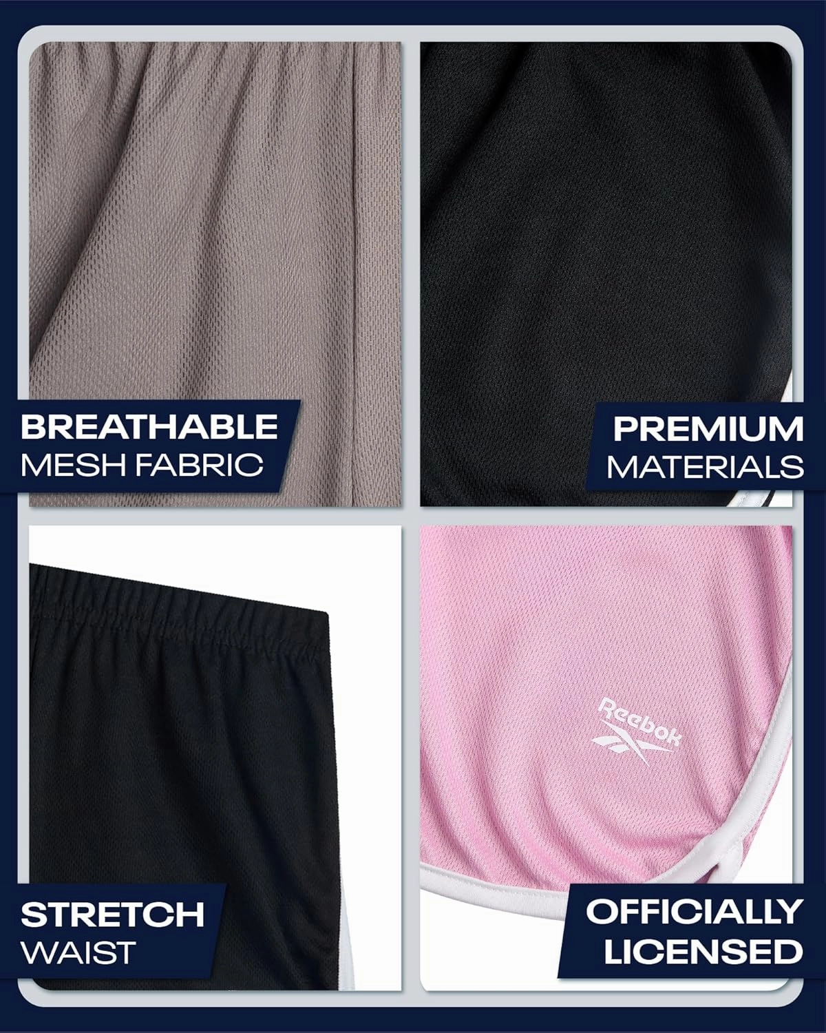 Reebok Girls Athletic Shorts - 3 Pack Active Performance Lightweight Mesh Dolphin Girls Shorts for Running Soccer Gym (7-12)