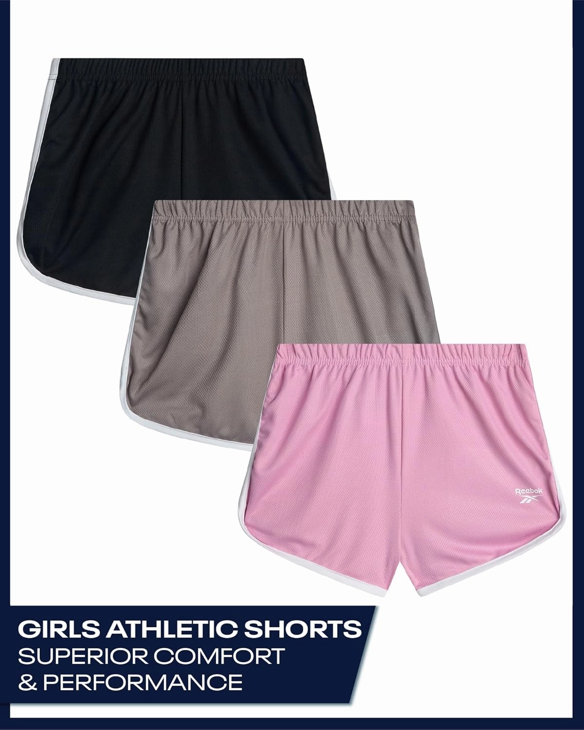 Reebok Girls Athletic Shorts - 3 Pack Active Performance Lightweight Mesh Dolphin Girls Shorts for Running Soccer Gym (7-12)
