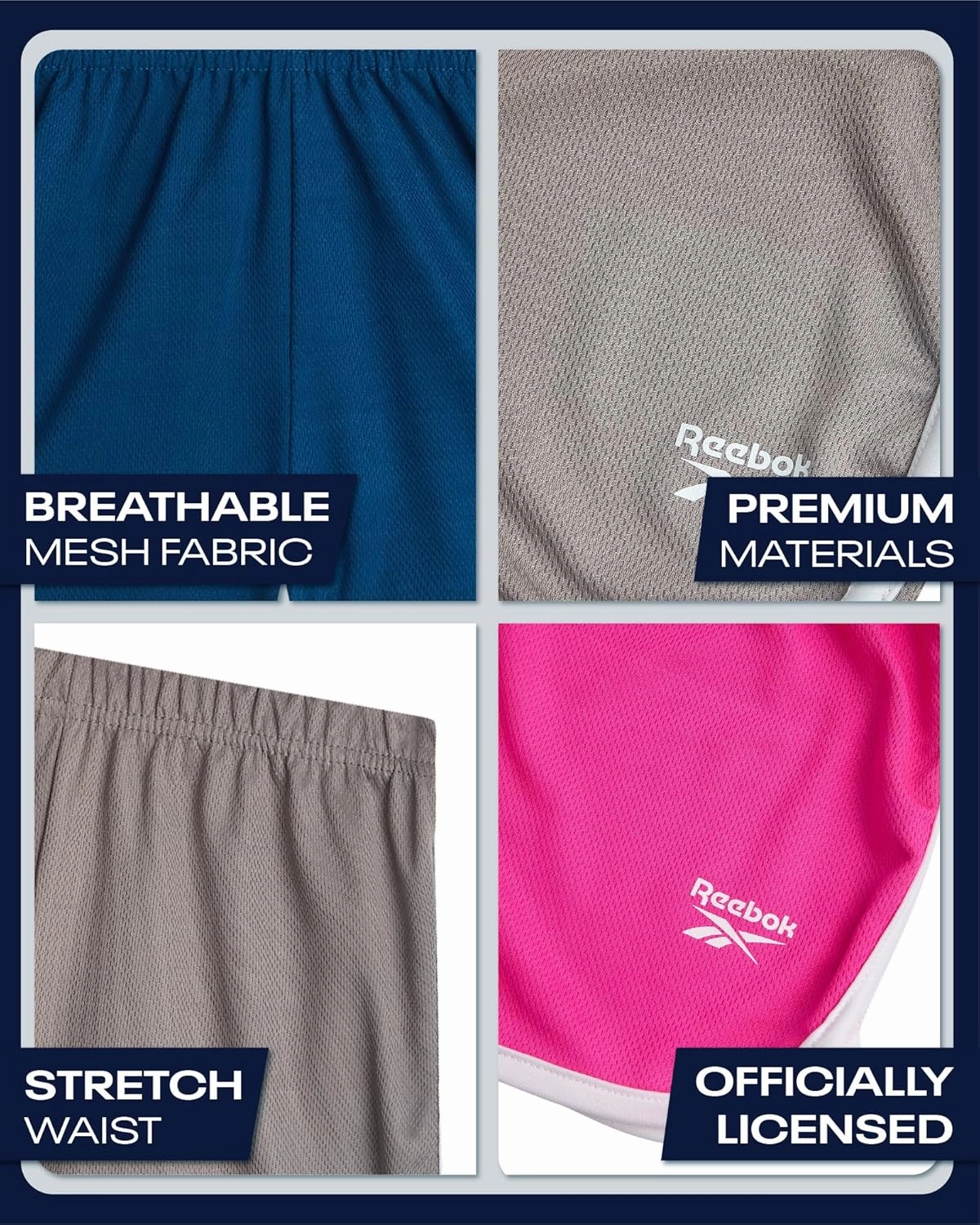 Reebok Girls Athletic Shorts - 3 Pack Active Performance Lightweight Mesh Dolphin Girls Shorts for Running Soccer Gym (7-12)