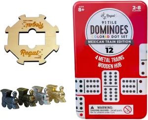 Regal Games Mexican Train Double 12 Dominoes Set for Adults & Kids - Domino Game with 91 Tiles Colored Dots & 4 Metal Trains - 2-8 Player Games & Ideal for Family Fun Game Night and Travel (Ages 8 )