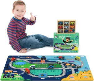 ROBUD Wooden Cars Vehicle Toy Set with Play Mat for Kids & Toddlers, Gift for Boys & Girls 3 4 5 6 Year Old, Multicolor, WGD02