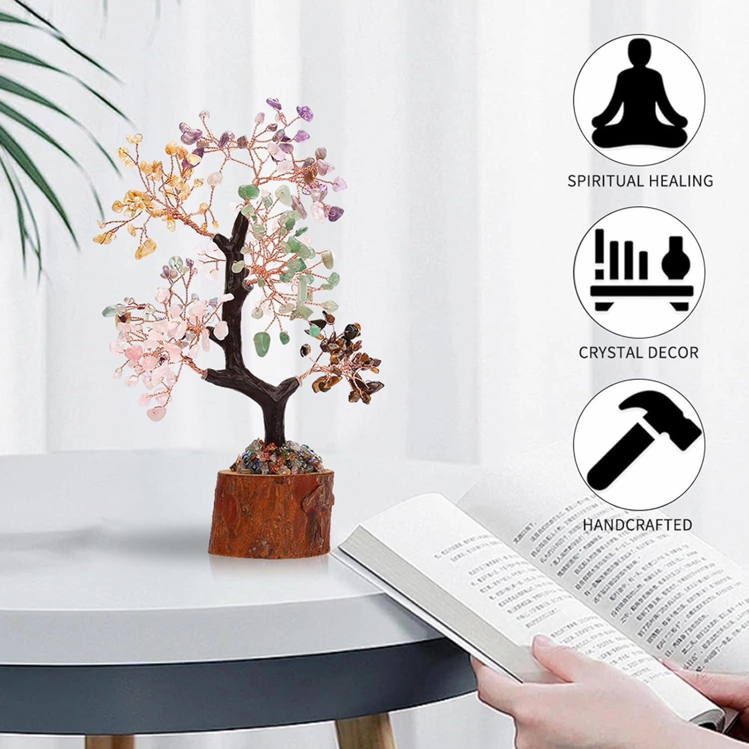 Rose Quartz Crystal Chakra Tree of Life Healing Crystal Tree Decor Office Decor for Women Pink Room Decor Aesthetic Spiritual Gifts Small Decor Items for Shelf (FA-018-05)