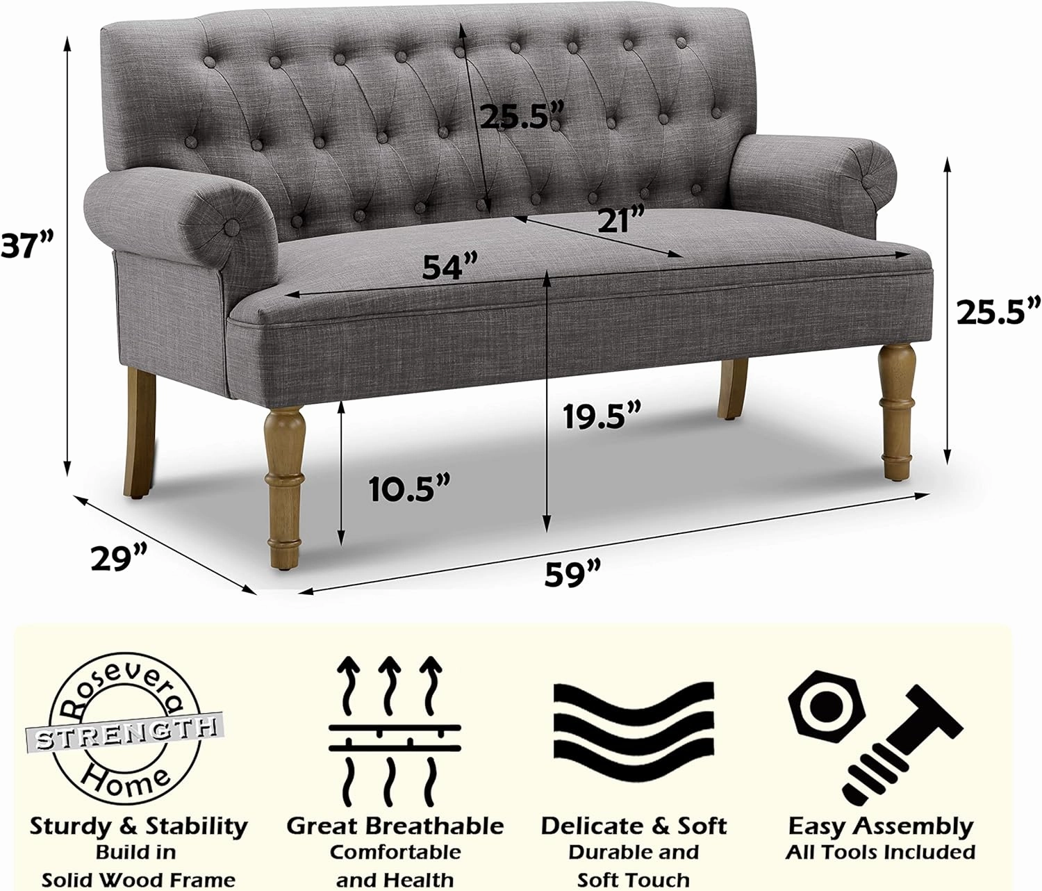 Rosevera Drennan Loveseat para Sala Love Seats Furniture Sofa in a Box Couches for Living Room Settee, STANDARD, Grey