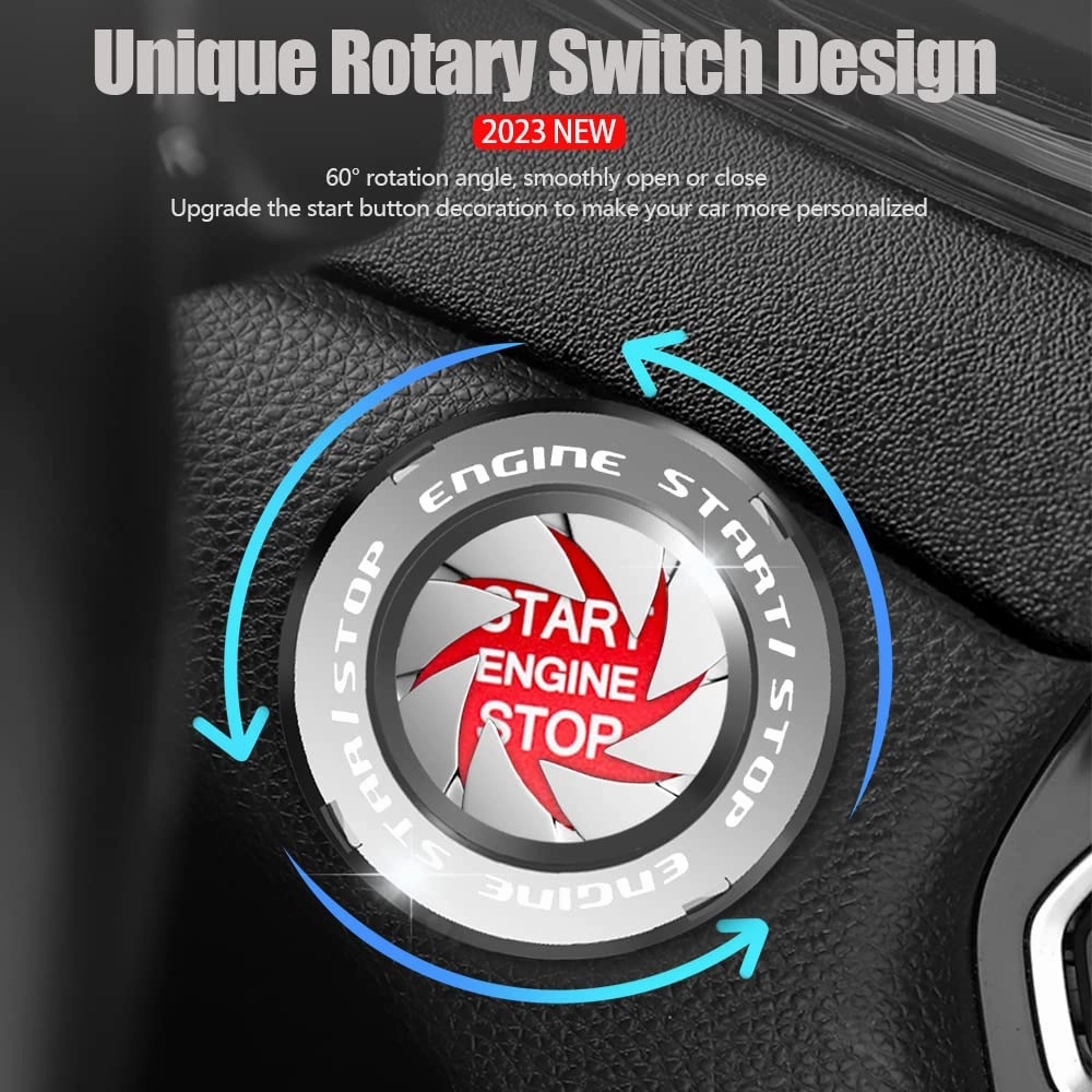 Rotary Push Start Button Cover, Car Engine Push to Start Stop Accessories, Auto Ignition Switch Cover, Cool Motorcycle Car Decor Gift for Christmas New Years Birthday, Silver
