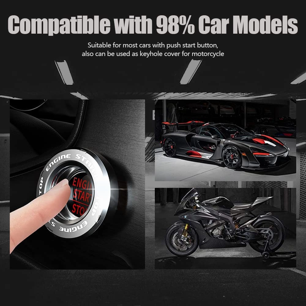 Rotary Push Start Button Cover, Car Engine Push to Start Stop Accessories, Auto Ignition Switch Cover, Cool Motorcycle Car Decor Gift for Christmas New Years Birthday, Silver