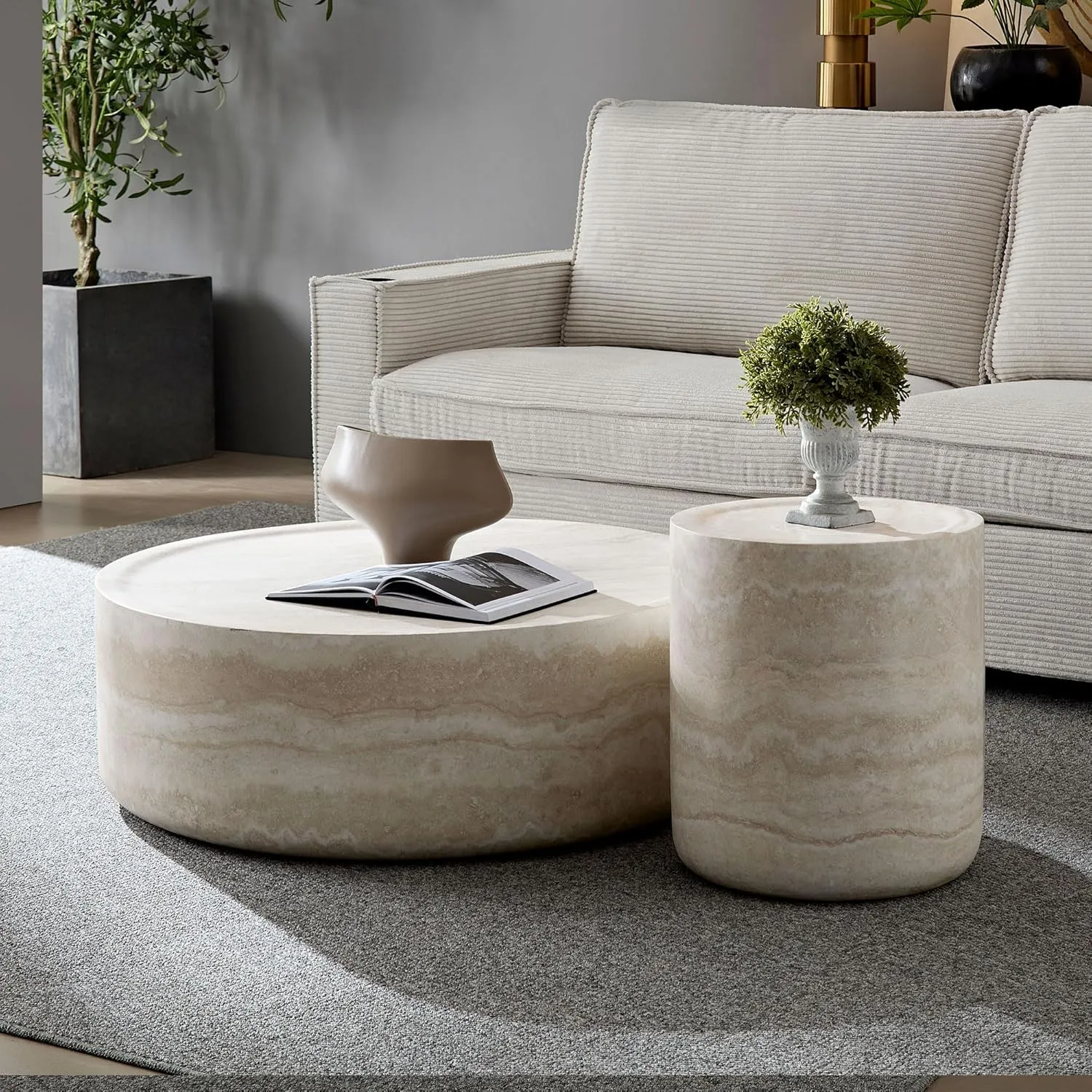 Round Coffee Table for Living Room Circle Coffee Table Modern Drum Center Table for Apartment, No Need Assembly (Fiberglass 31.49'' Mars Pattern)