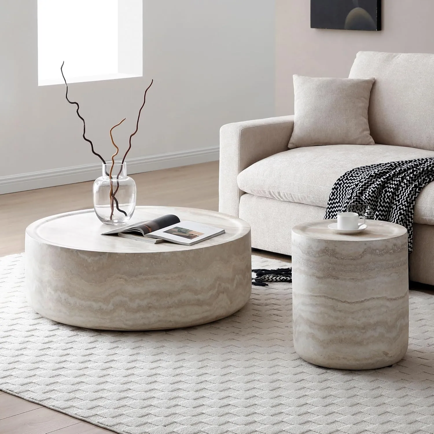 Round Coffee Table for Living Room Circle Coffee Table Modern Drum Center Table for Apartment, No Need Assembly (Fiberglass 31.49'' Mars Pattern)