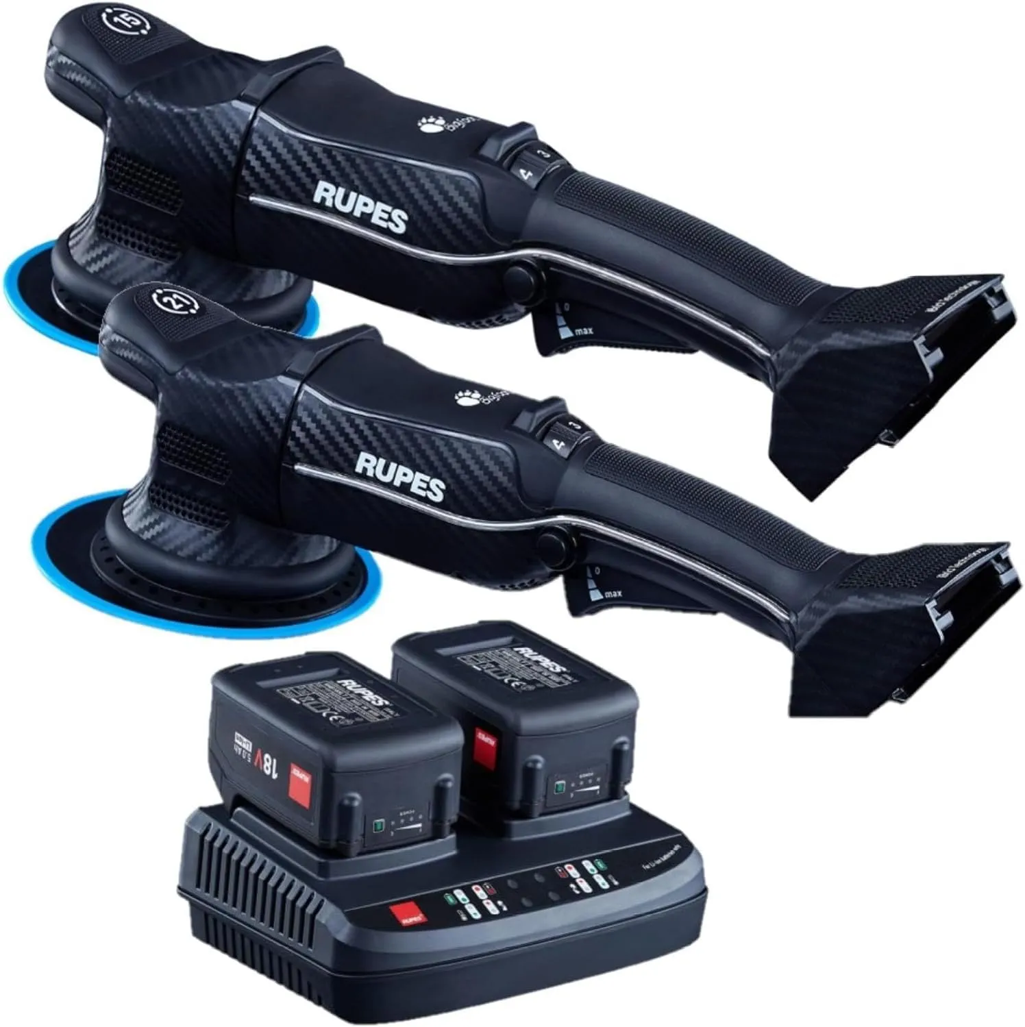 RUPES HLR21 HLR15 Set of Cordless iBrid BigFoot Orbital Polishers - Optimizes Workflow and Boosts Productivity - Includes 2 18 Volt Li-ion Batteries with Dual Bay Charger