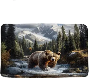 Rustic Bear Bath Mat Misty Forest Snowy Mountain Wildlife Waterfall Jungle Stream River Rock Natural Landscape Bathroom Rug Microfiber Memory Foam Shower Mat Kitchen Bath Floor Rugs, 24x35 Inch