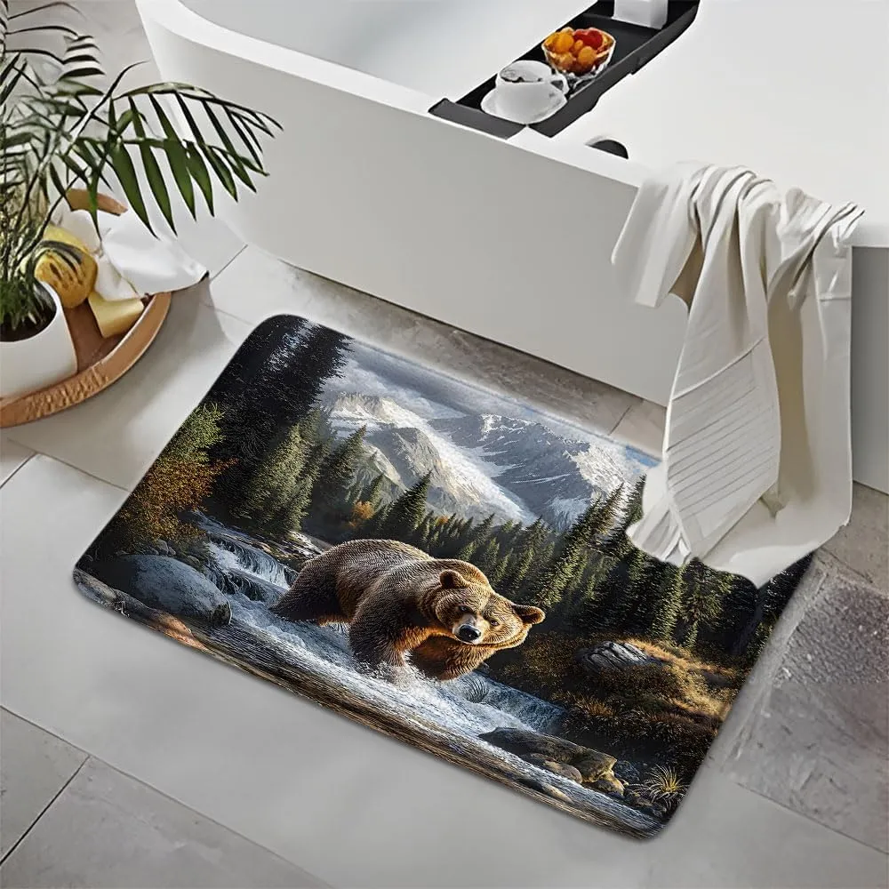 Rustic Bear Bath Mat Misty Forest Snowy Mountain Wildlife Waterfall Jungle Stream River Rock Natural Landscape Bathroom Rug Microfiber Memory Foam Shower Mat Kitchen Bath Floor Rugs, 24x35 Inch