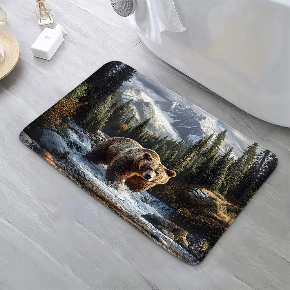 Rustic Bear Bath Mat Misty Forest Snowy Mountain Wildlife Waterfall Jungle Stream River Rock Natural Landscape Bathroom Rug Microfiber Memory Foam Shower Mat Kitchen Bath Floor Rugs, 24x35 Inch