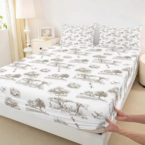 Rustic Farmhouse Fitted Sheet Queen Size,Wild Duck Jungle Trees Bedding Set,Sketch Western Cabin Bed Sheet Kids Boys Girls Adult Bedroom Decor,Vintage Brown Beige Deep Pocket Sheet,2 Pillowcases