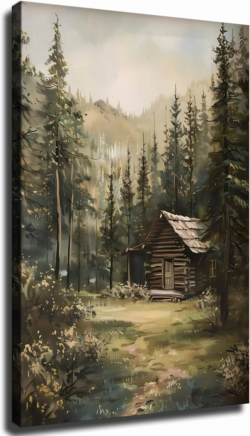 Rustic Log Cabin Wall Art, Pine Tree Forest Wall Art, Cabin in the Woods Wall Decor, Woodland Evergreen Forest Framed Poster Ready to Hang (Framed,12×18-inch)