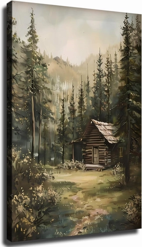 Rustic Log Cabin Wall Art, Pine Tree Forest Wall Art, Cabin in the Woods Wall Decor, Woodland Evergreen Forest Framed Poster Ready to Hang (Framed,12×18-inch)