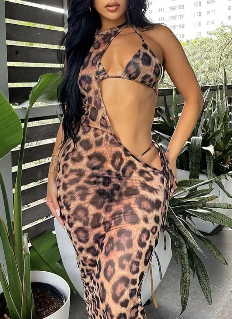 Ryehack Sexy 3 Piece Swimsuits for Women Bikini Sets and Cover Up Cutout Sleeveless Halter Sheer Mesh Maxi Dress