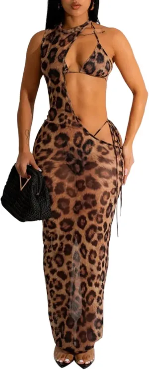 Ryehack Sexy 3 Piece Swimsuits for Women Bikini Sets and Cover Up Cutout Sleeveless Halter Sheer Mesh Maxi Dress