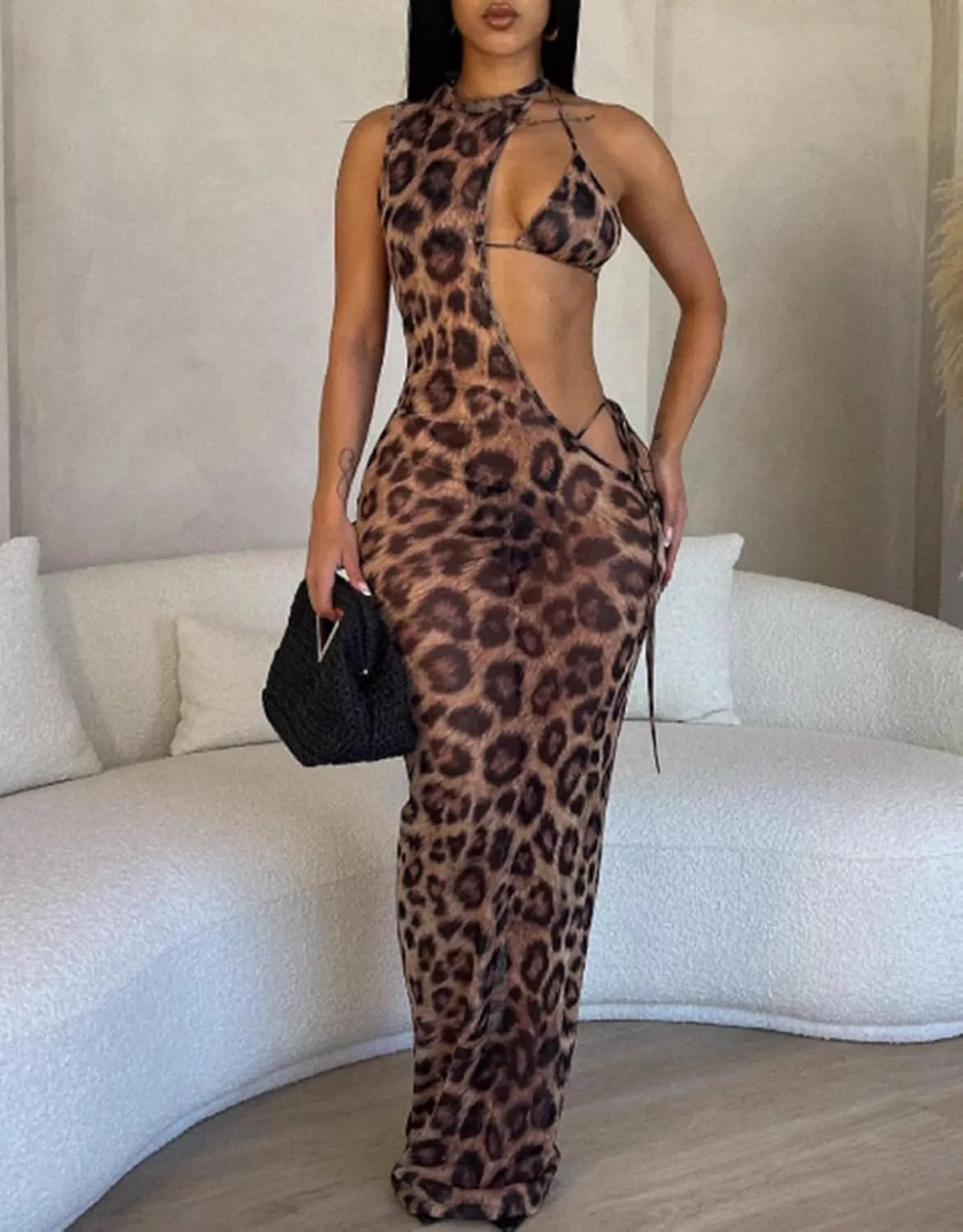 Ryehack Sexy 3 Piece Swimsuits for Women Bikini Sets and Cover Up Cutout Sleeveless Halter Sheer Mesh Maxi Dress