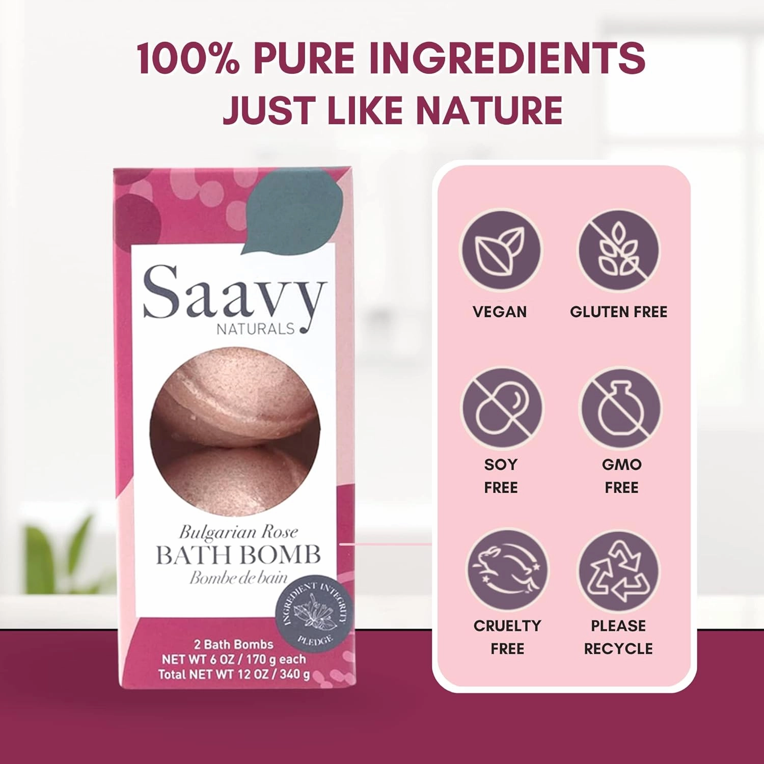 Saavy Naturals Bath Bombs, Indulgent Bulgarian Rose Scent, Gentle Moisturizig Formula, Foaming Fizz Bubbles, Gift for Women and Kids, 6 Oz Each, 2 Pack