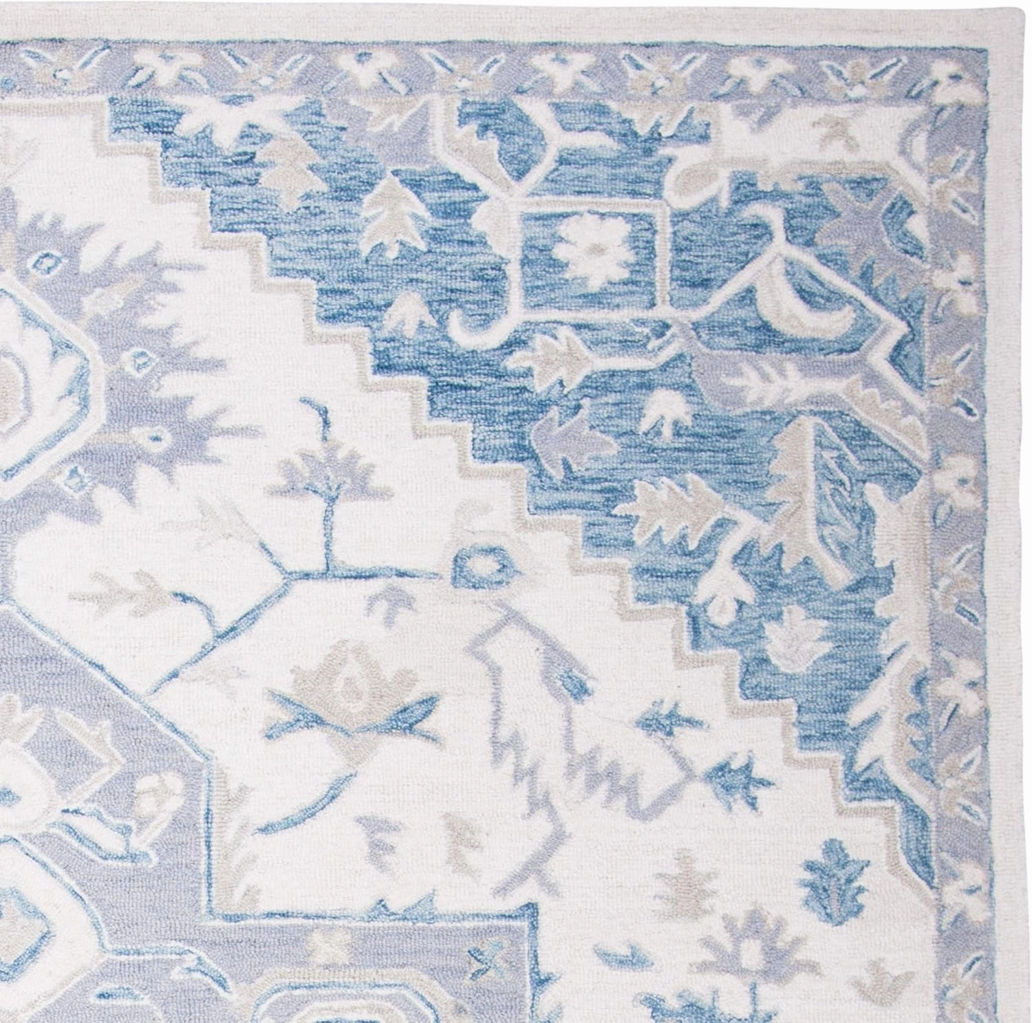 Safavieh Micro-Loop Collection Area Rug - 8' x 10', Ivory & Navy, Handmade Shabby Chic Medallion Wool, Ideal for High Traffic Areas in Living Room, Bedroom (MLP503L)
