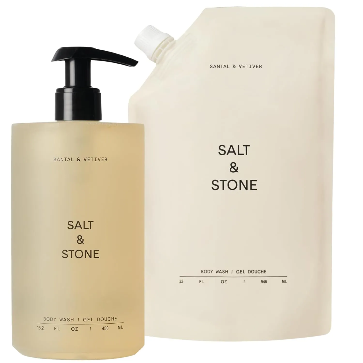 Salt & Stone Antioxidant-Rich Body Wash Bundle (15.2 Oz Bottle with Pump   32 Oz Refill Pouch) | Santal & Vetiver | Free From Parabens, Sulfates & Phthalates
