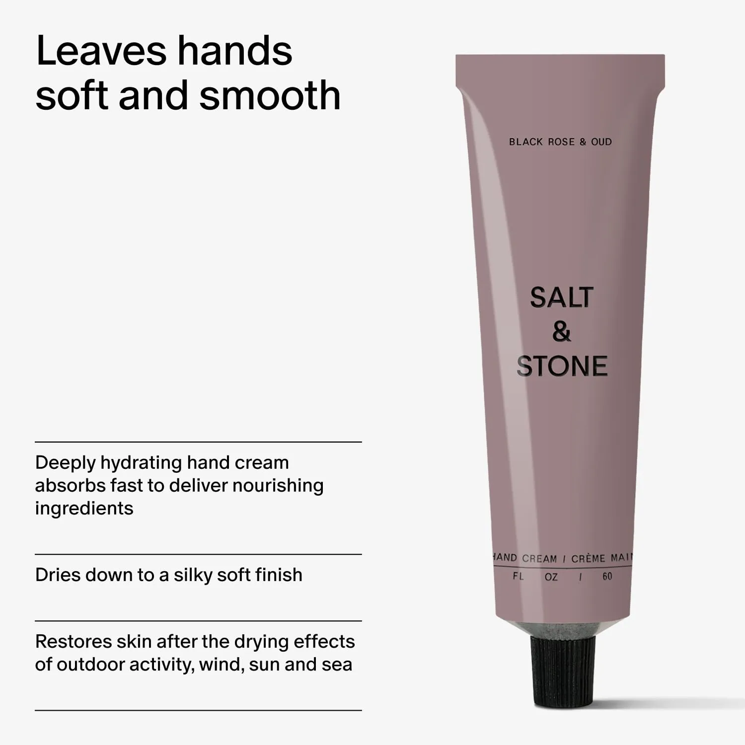 Salt & Stone Hand Cream for Women & Men | Black Rose & Oud | Hydrates, Nourishes & Softens Skin | Restores Dry Cracked Hands | Fast-Absorbing | Cruelty-Free & Vegan (2 fl oz)