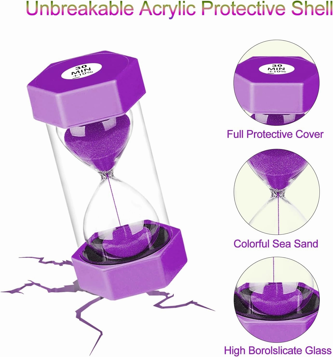 Sand Timers for Kids, 1/2/3/5/10/30 Minutes Acrylic Hourglass Sand Clock, Colorful Plastic Sand Watch Hour Glass Sandglass for Classroom, Games, Kitchen (Pack of 6)