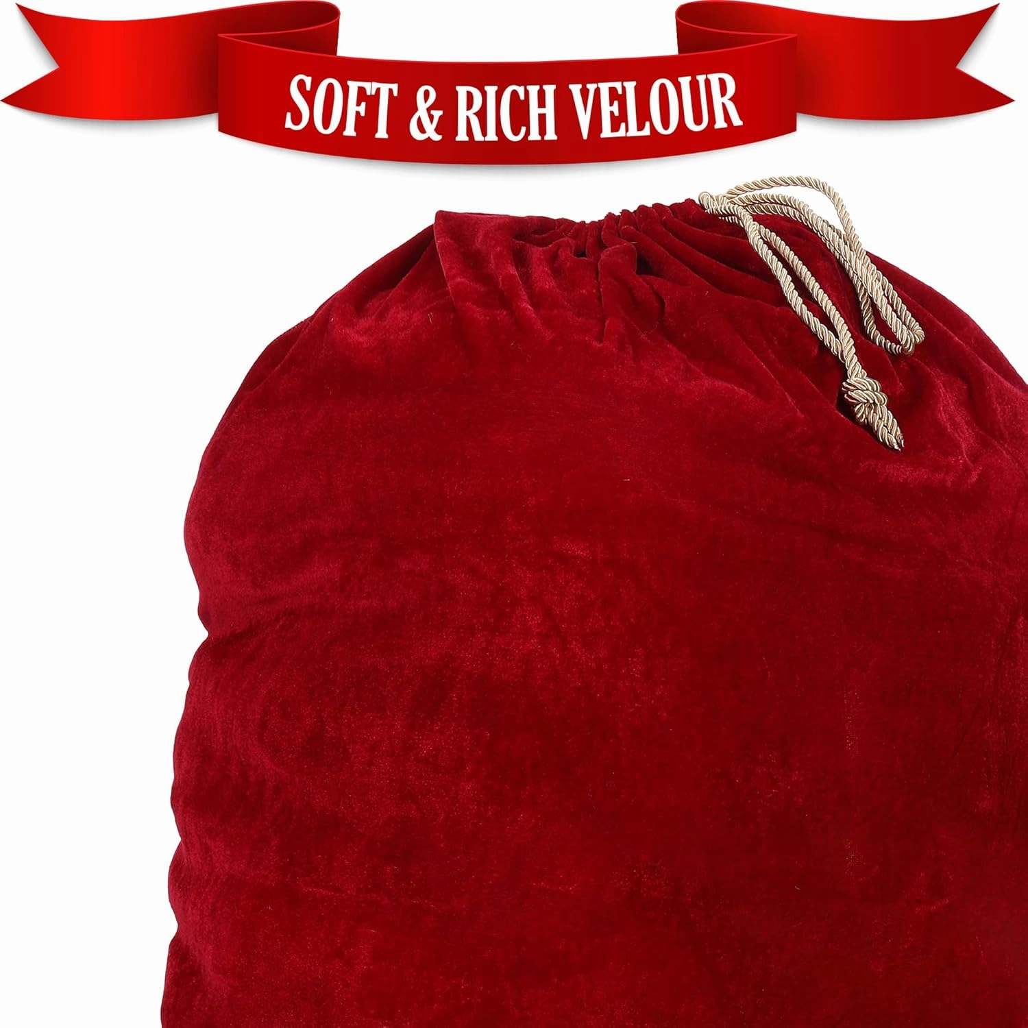 Santa Christmas Gift Bag Large Stretchy Velour Present Sack with Golden Drawstring, 36" x 27"