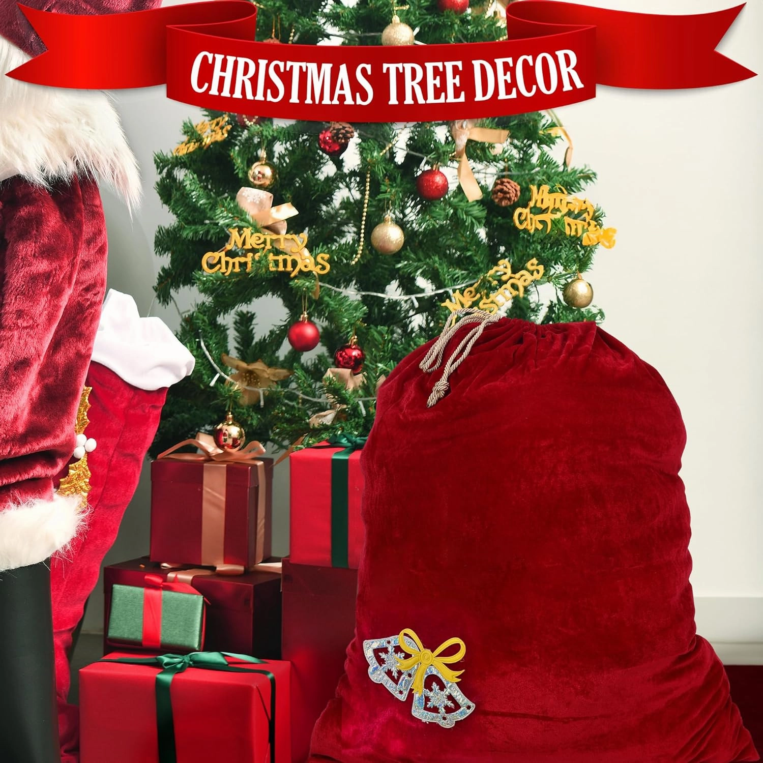 Santa Christmas Gift Bag Large Stretchy Velour Present Sack with Golden Drawstring, 36" x 27"