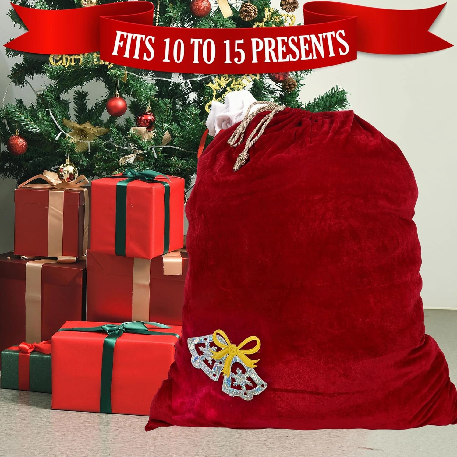 Santa Christmas Gift Bag Large Stretchy Velour Present Sack with Golden Drawstring, 36" x 27"
