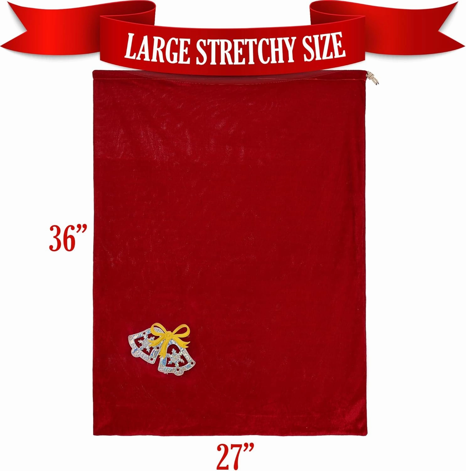 Santa Christmas Gift Bag Large Stretchy Velour Present Sack with Golden Drawstring, 36" x 27"